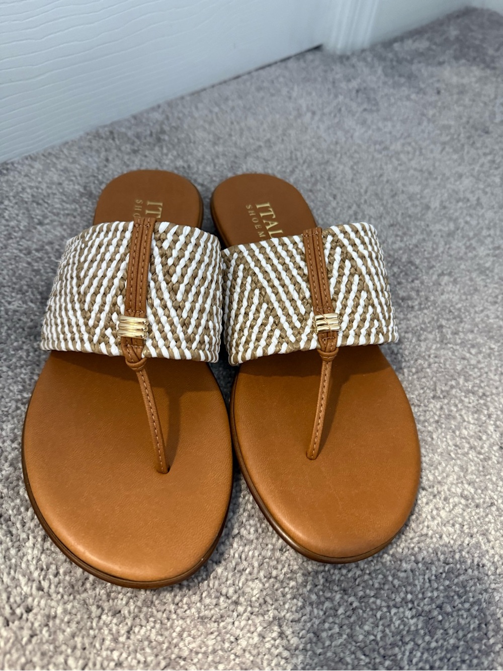 Italian Shoemakers Tan and White Braided Thong Sandals with Gold Accent